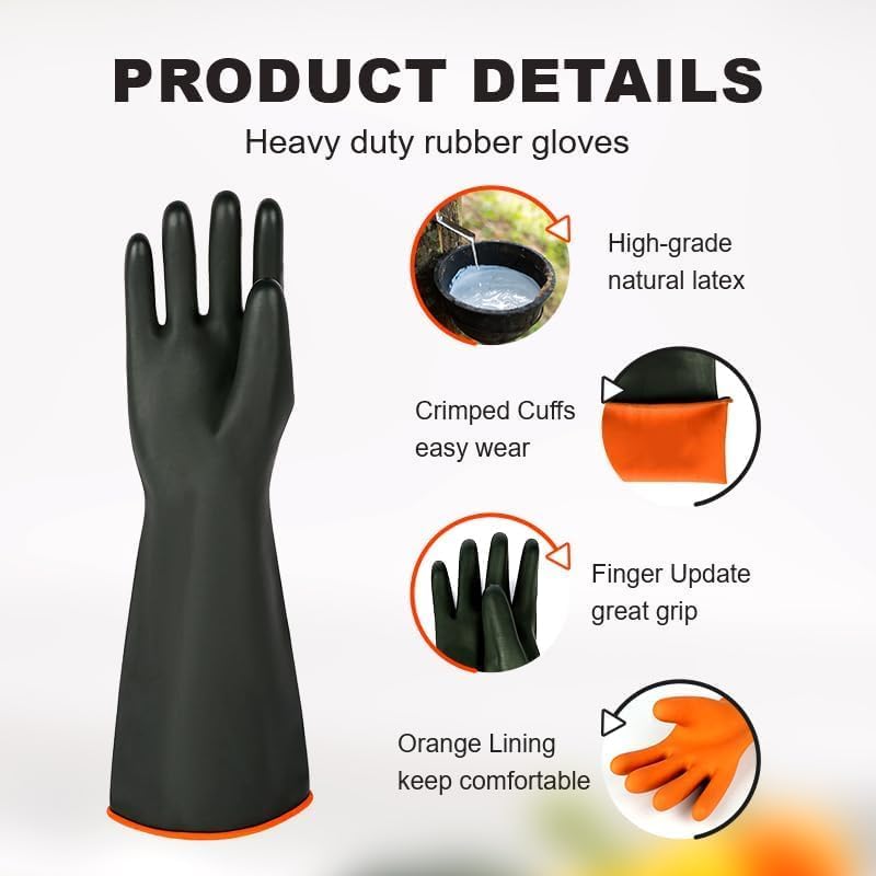Heavy Latex Chemical Resistant Gloves - Reusable Long Rubber Dishwashing Gloves with Forearm Protection for Men - Waterproof, Industrial Safety Gear, Acid & Alkali Resistant, Oil-Proof，22“,2 Pair