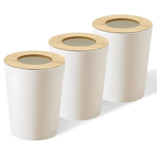 White Trash Can for Bedroom with Bamboo Lid, 2.4 Gallon Open Top Trash Can 3 Pack, Modern Aesthetic Garbage Can for Room Office Living Room, Small Bathroom Trash Bin Boho Style