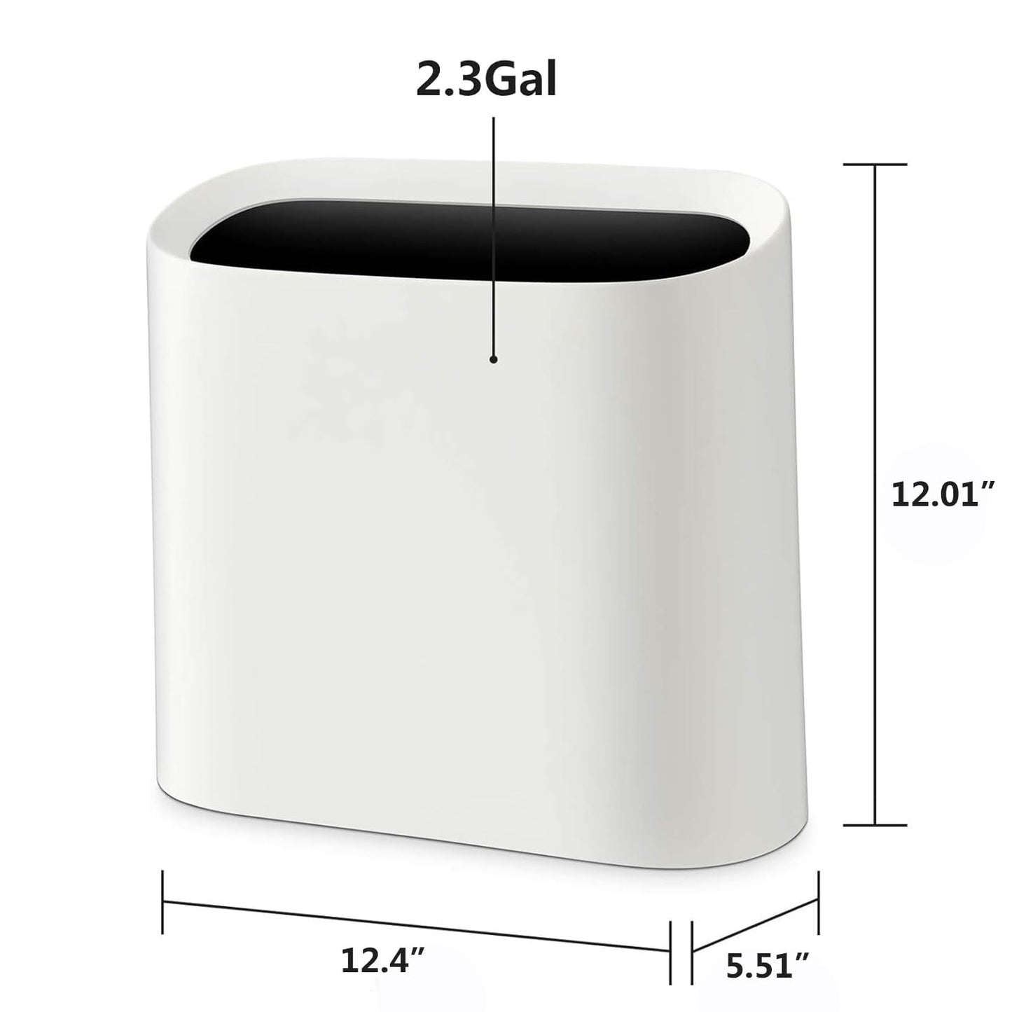 SUBEKYU 2.3 Gal Trash Can for Bathroom,Small Office Garbage Can for Kitchen,Slim Rectangular Waste Bin,Plastic,White