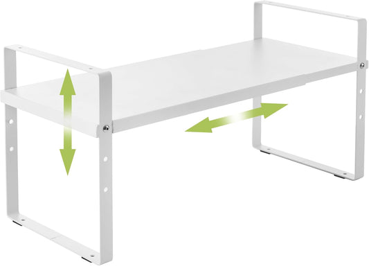 Expandable Cabinet Shelf Organizer Rack, Stackable Kitchen Counter Storage Shelves Stand, Adjustable Height Pantry Shelf Spice Rack (White, 1 Pack)