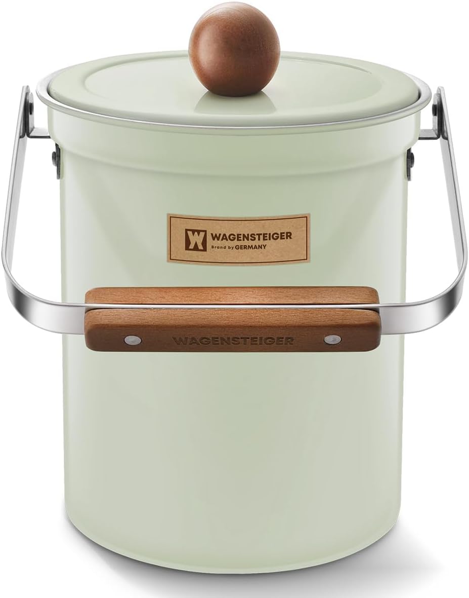 Kitchen Countertop Compost Bin 101Ounces / 3Liter with Airtight Lid, SUS304 Stainless Steel Odor-Free Food Waste Bin with Wooden Handle Stylish Design/Bathroon Trash Can (Mint Green)