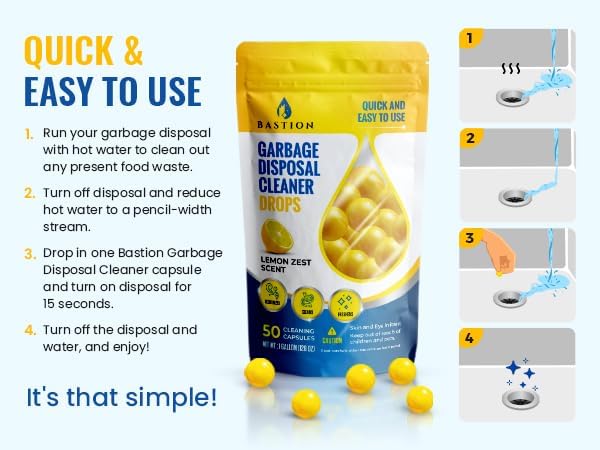 Bastion Garbage Disposal Cleaner and Deodorizer Drops- [[50-Count]] Lemon Zest Scented Kitchen Sink Freshener Pods & Drain Odor Eliminator Disposer Care Balls