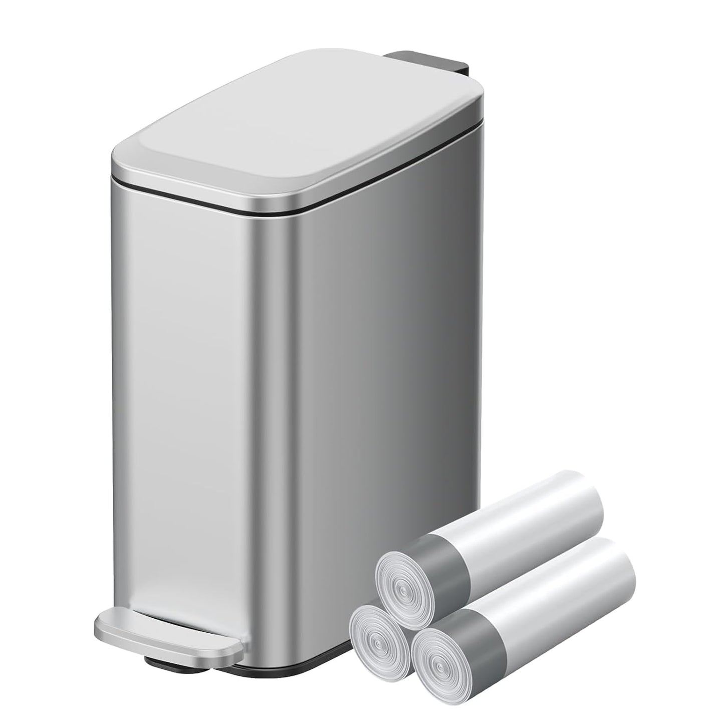 KUK Slim Bathroom Trash Can with Lid, 1.6 Gal / 6L Stainless Steel Small Garbage Bin with Detachable Inner Bucket, Step Pedal, Silent Close, Wastebasket for Toilet, Bedroom, Home, Office (Silver)