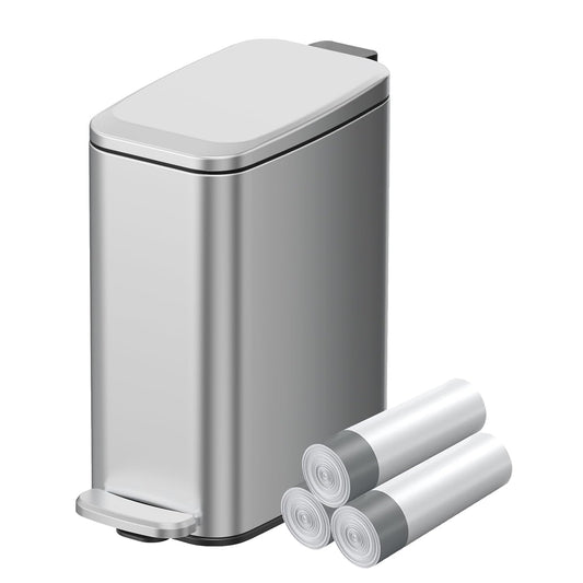 KUK Slim Bathroom Trash Can with Lid, 1.6 Gal / 6L Stainless Steel Small Garbage Bin with Detachable Inner Bucket, Step Pedal, Silent Close, Wastebasket for Toilet, Bedroom, Home, Office (Silver)