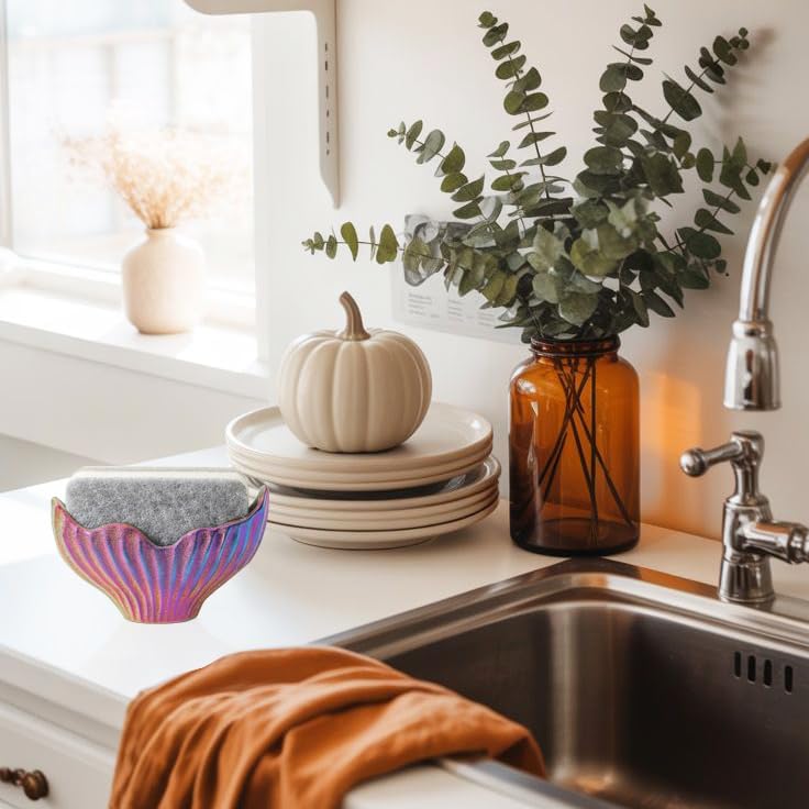 Sponge Holder for Kitchen Sink, Ceramic Dish Sponge Holder with Fishtail Design, Sink Caddy Organizer for Countertop, Farmhouse Kitchen Decor, Compact Counter Dish Caddy (Rainbow)