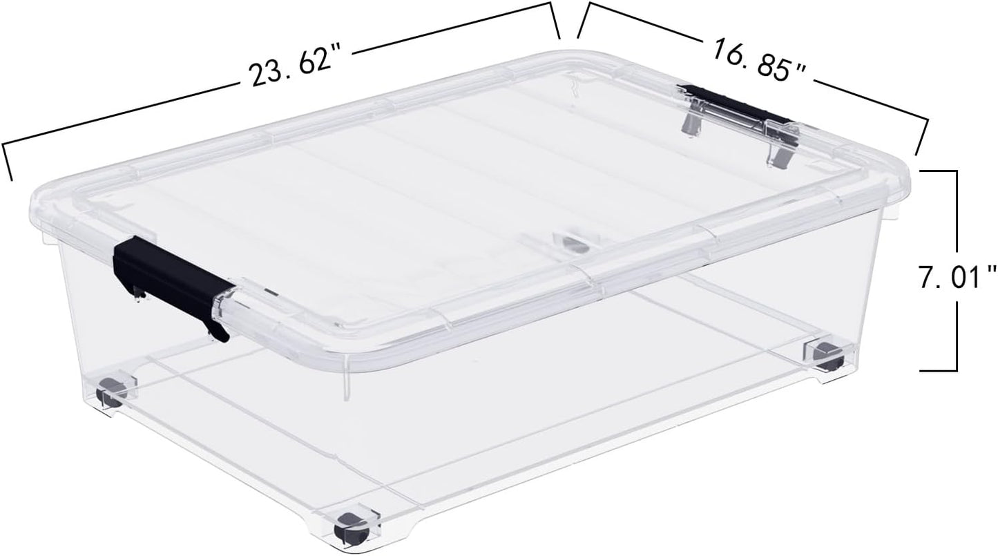 4-Pack 25L Plastic Under Bed Storage Organizer Bin Container with Latch Lids and Wheels, Clothes Storage Box Rolling Underbed, Clear