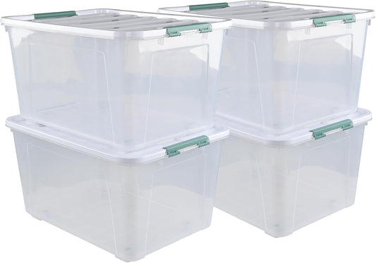 80 L Large Clear View Plastic Storage Bin with Lid and Secure Latching Buckles, 4-Pack Wheeled Clear Storage Boxes