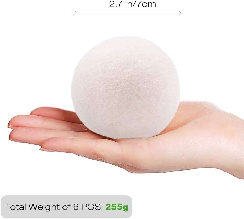 Raffaelo Wool Ball, Wool Dryer Balls XL Premium Reusable Natural Fabric Softener Pet Fur Hair Remover - Set of 6PCS (White)