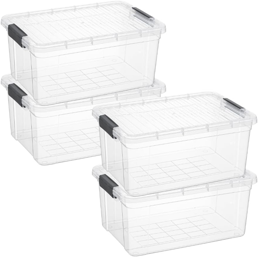 Superio Storage Bins with Lids, Clear Plastic Containers for Organizing, Stackable Totes, BPA Free, Odor Free, Organizer Boxes for Home, and Dorm (4 Pack, 36 Qt)