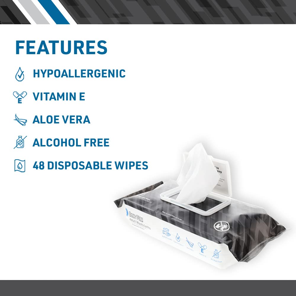 BodyMed Adult Disposable Incontinence Wipes, 48 Wipes/Pack (12-Pack) - Pre-Moistened & Hypoallergenic Washcloths Formulated with Vitamin E & Aloe Vera