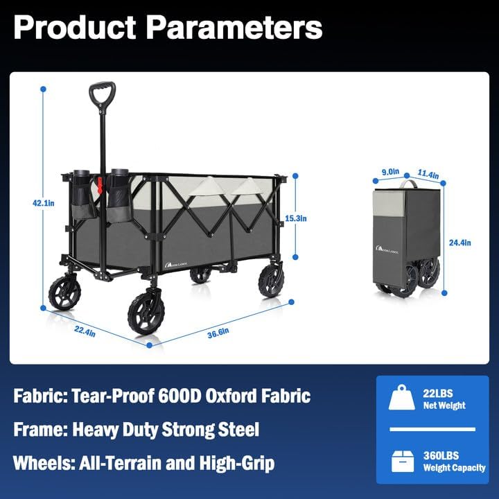 Moon Lence Collapsible Folding Wagon Cart Heavy Duty Folding Garden Portable Hand Cart with All-Terrain Beach Wheels, Adjustable Handle & Drink Holders (Grey & Ivory)