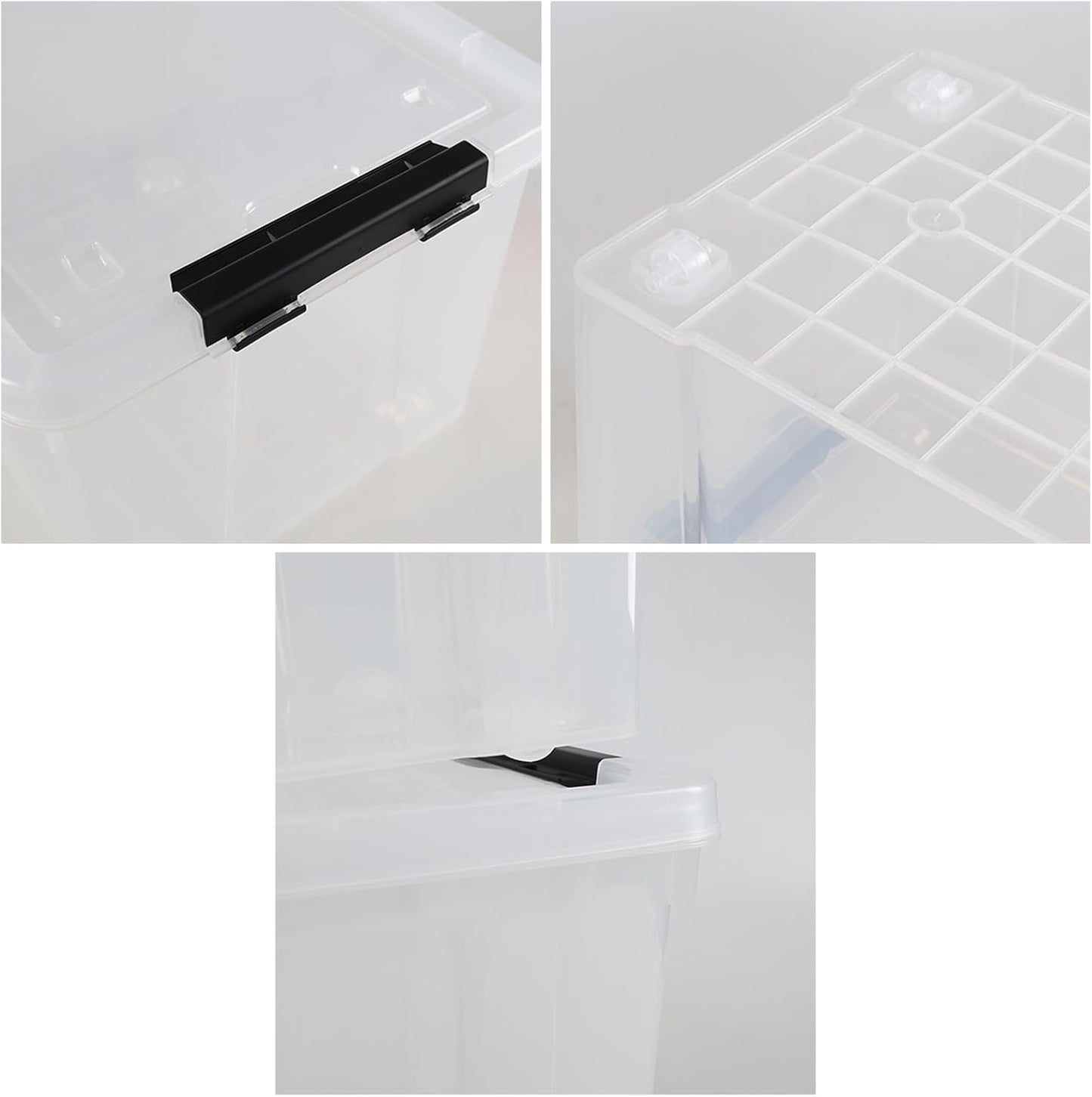 34 L Clear Plastic Storage Bins Box with Lid, Stackable Lidded Storage Bin Container with Wheels and Secure Latching Buckles, 4 Packs