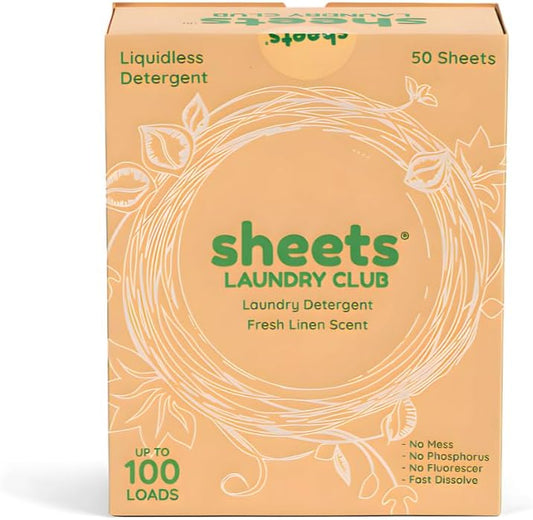 Sheets Laundry Club Laundry Detergent Sheets – 50 Sheets (100 Loads), Fresh Linen, Hassle-Free Laundry, Quick-Dissolving, Hypoallergenic, Septic Safe, Plastic-Free Packaging