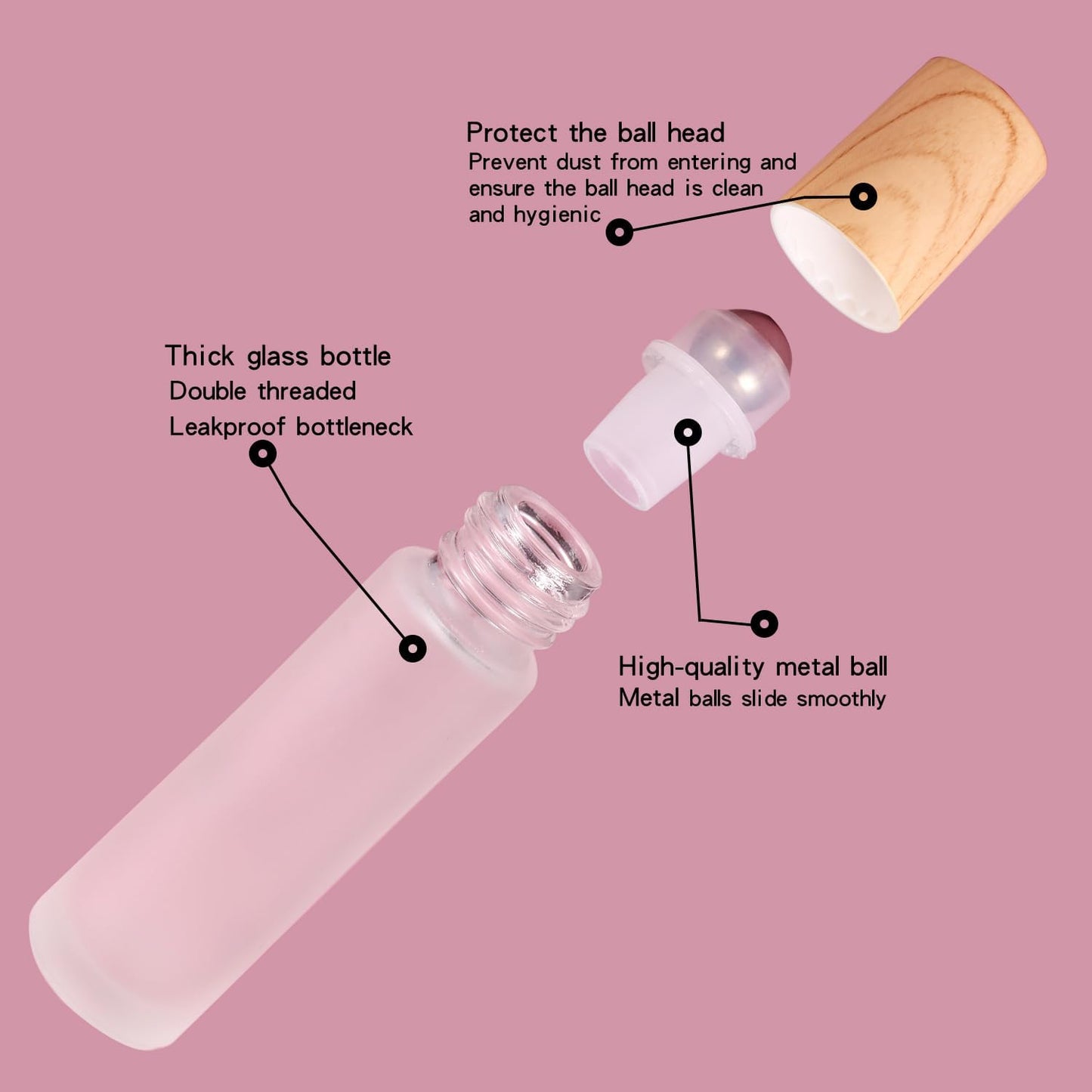 12 Pack Essential Oil Roller Bottles,10ml Empty Frosted Glass Roller Bottles with Stainless Steel Roller Balls and Caps Refillable Container for Perfume Roll on Bottles ( Wood Grain Plastic Caps)