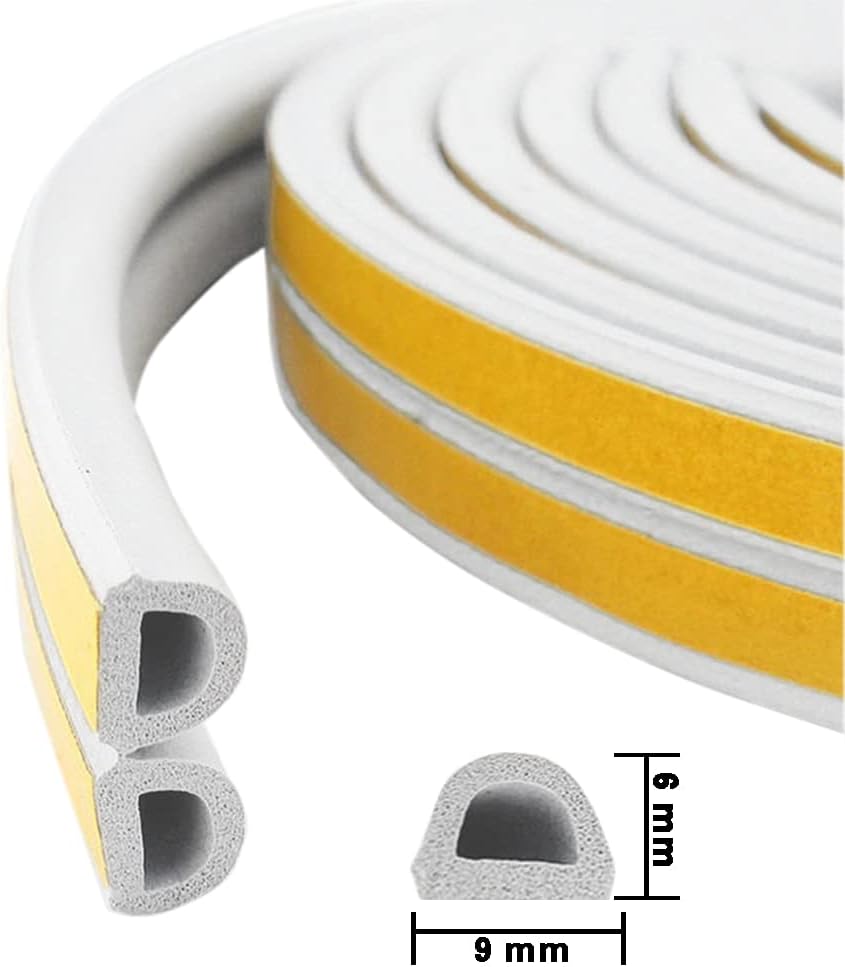 Weather Stripping Seal Strip Tape, Doors Windows Frame Self Adhesive D Type Foam Sealing Tape, 65.6Ft Rubber Soundproof Insulation Cell Foam Stripping, White