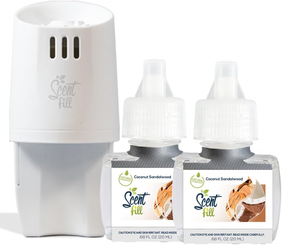 Scent Fill Coconut Sandalwood Plug in Air Freshener, Scented Oil Refills, 2 Refills + Diffuser