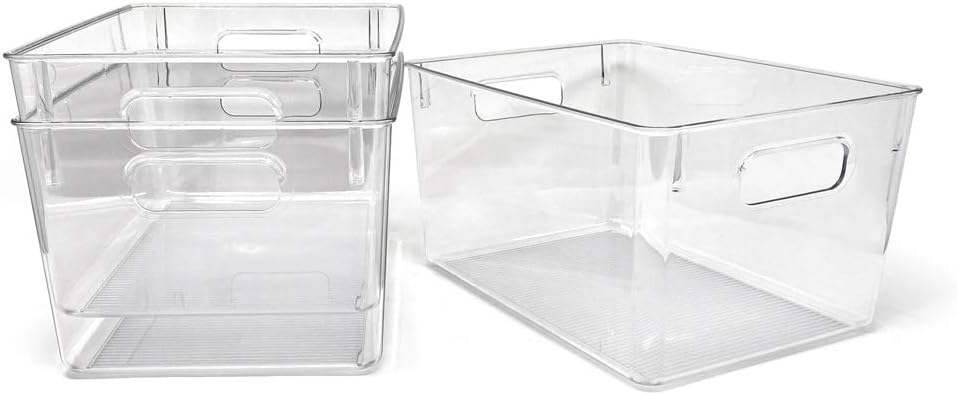 Isaac Jacobs 3-Pack Large Clear Storage Bins with Handles, Plastic Organizer for Home, Room, Office, Fridge, Kitchen/Pantry Non-Slip Container Set, Food Safe, BPA Free (3-Pack, Large)
