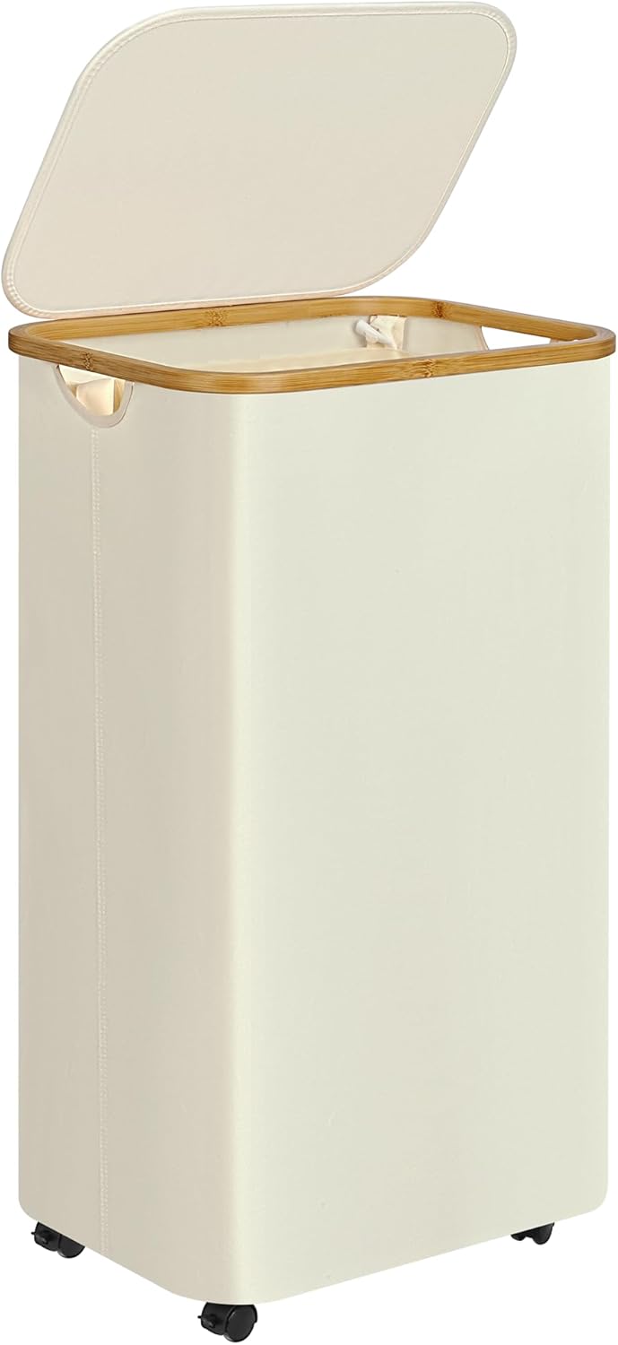 Laundry Basket with Wheels,100L Hampers for Laundry,Large Laundry Hamper with Lid and Bamboo Handles,Collapsible & Waterproof Tall Cloth Hamper for Dormitory Family，Beige