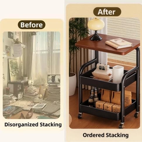 3 Tier Metal Rolling Utility Cart Organizer with Walnut Table Top, Stable and Sturdy Rolling Storage Carts with 2 Lockable Wheels for Kitchen，Bathroom，Snacks，Coffee，Craft，Makeup，Baby Essentials