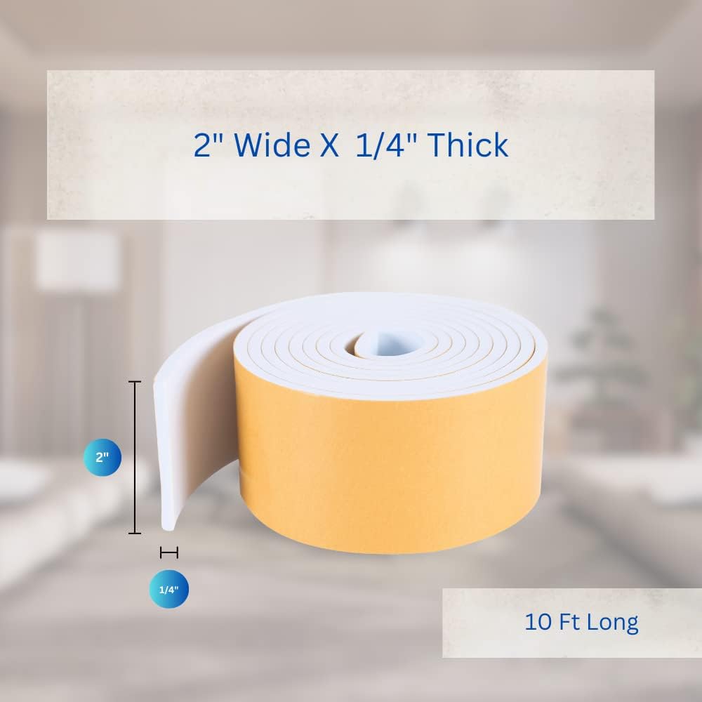 High Density Foam Weather Stripping Door Seal Strip Insulation Tape Roll for Insulating Door Frame, Window, Air Conditioner | Self Adhesive Sealing Weatherstrip (2 in x 1/4 in x 10 Ft, White)