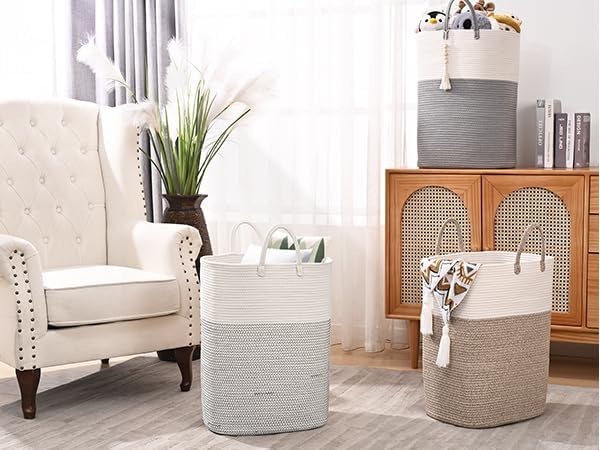 Woven Laundry Basket for Clothes, 50 L Large Rectangle Laundry Hampers with Beads Tassel, Nursery Storage Basket for Toys, Tall Dirty Clothes Hamper for Bedroom Aesthetic, Laundry Room Organization