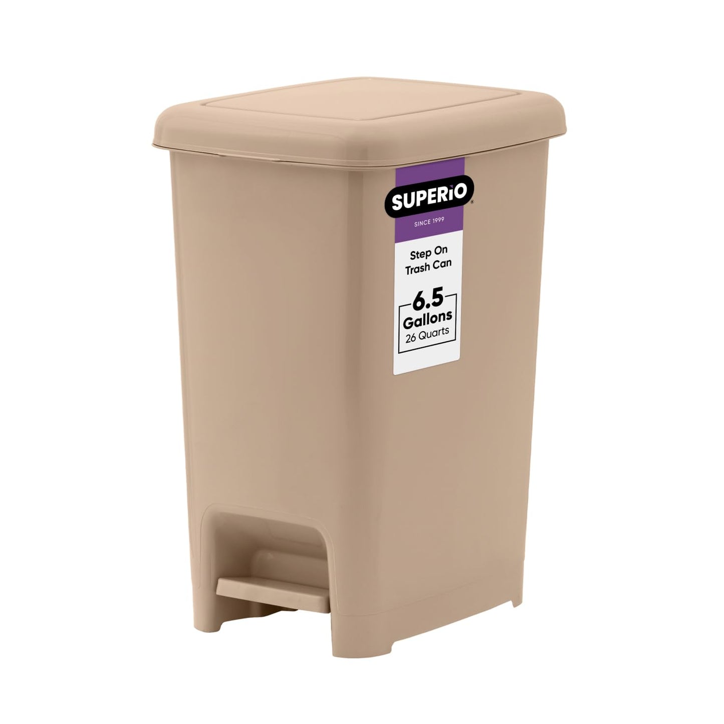 Superio Slim Step On Trash Can, Beige Waste Bin with Foot Pedal Lid 26 Liter, Kitchen, Under Desk, Office, Bedroom, Bathroom (1, 6.5 Gallon)
