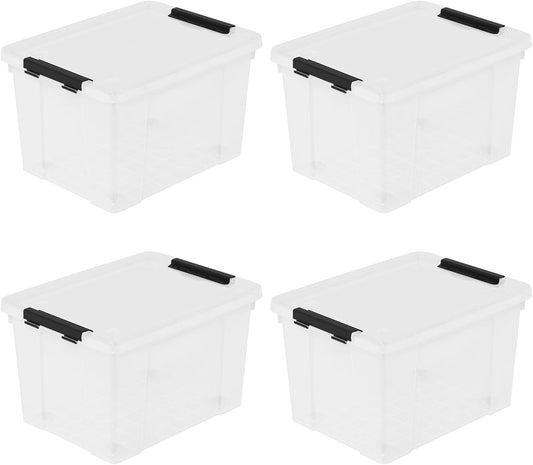 Set of 4 Plastic Latch Storage Bins with Wheels, 23 L Clear Latch Boxes with Stackable Lids
