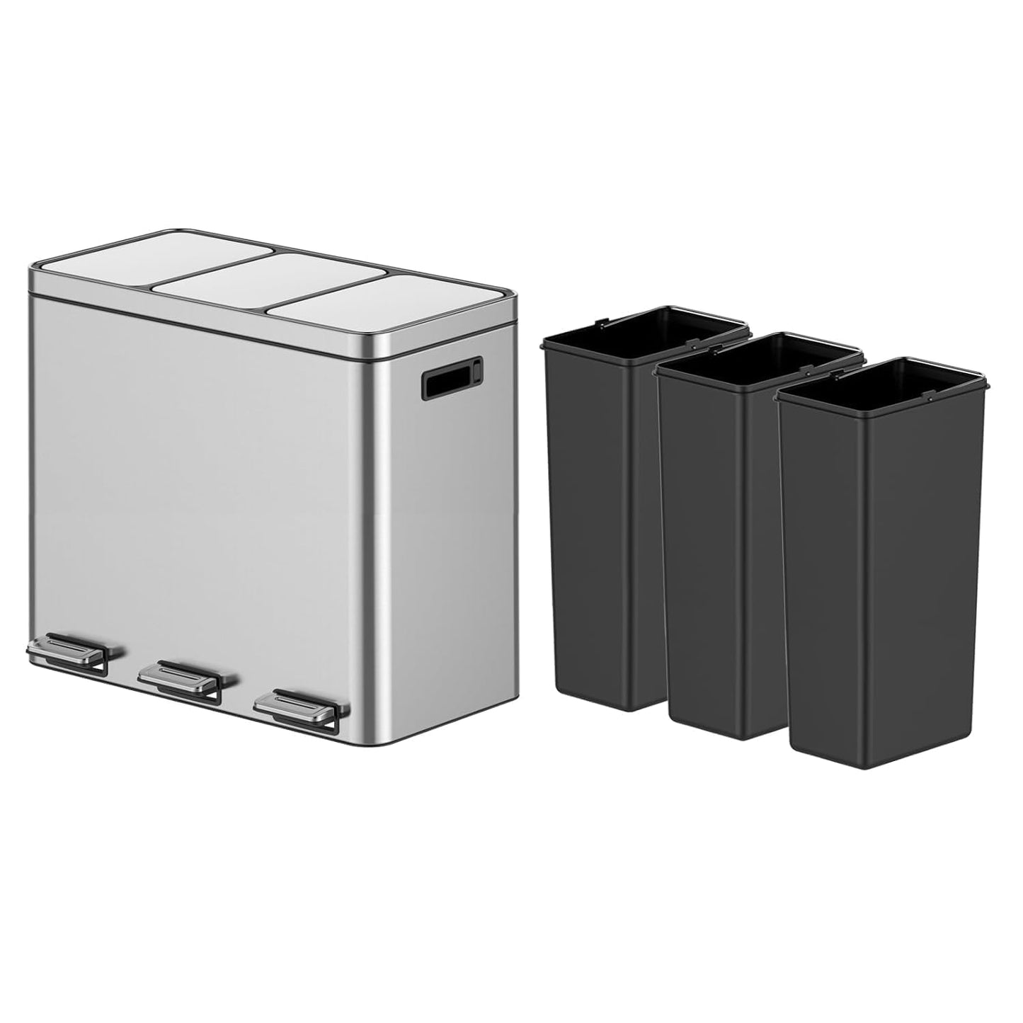 3 x 5.3 Gal (3 x 20L) Trash Can, Stainless Steel Triple Compartment Step-On Recycling Bin with Soft-Close Lids & Removable Plastic Inner Buckets for Kitchen, Home, Office