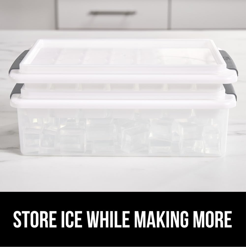 GORILLA GRIP Stackable Ice Cube Tray and Bucket Set for Freezer, Includes 2 Trays with Lid and Scooper, Easy Release, Makes 56 Cubes for Cocktail Soda Coffee, Leak Proof Bin Kit, Kitchen Tool, Gray