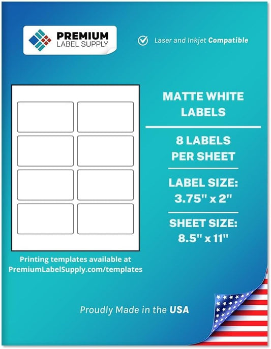 Premium Label Supply White Sticker Mailing Labels – 3.75" x 2" – Laser/Inkjet Compatible – (8 per Sheet), 500 Sheets – 4000 Total Adhesive Labels