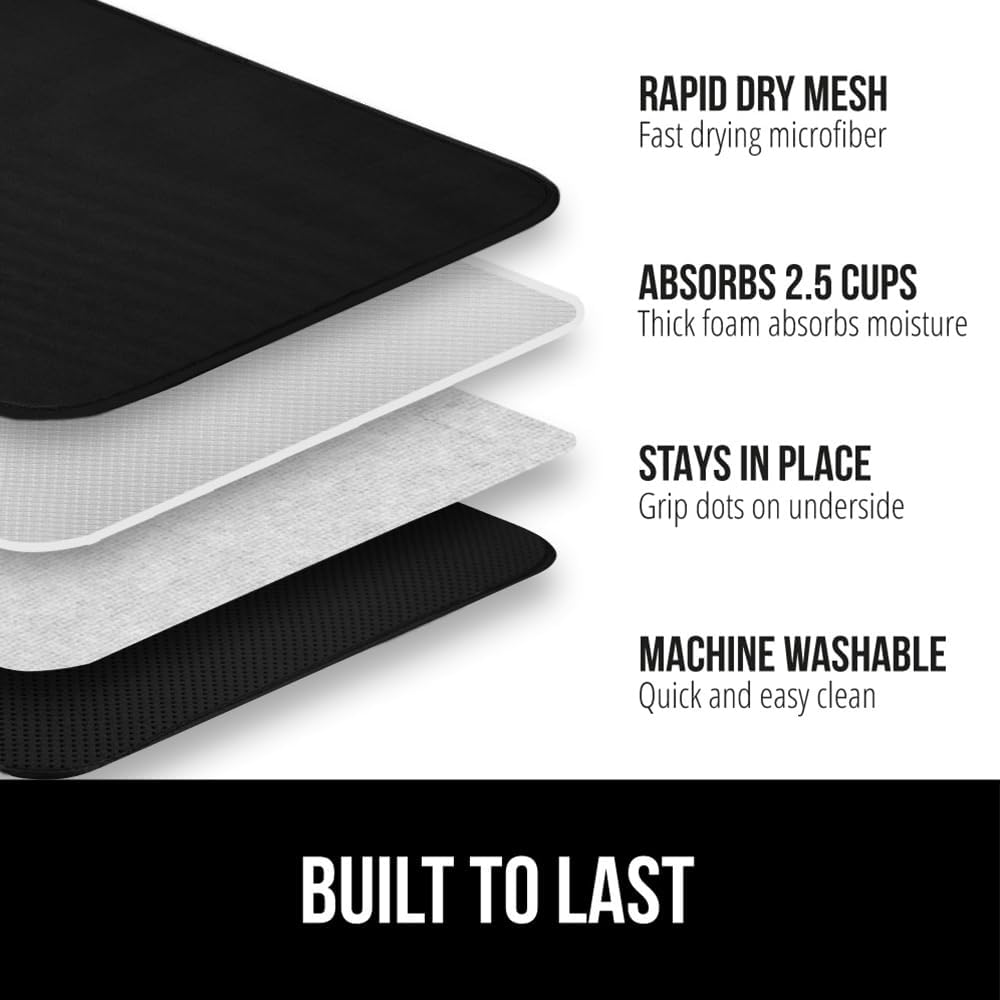 GORILLA GRIP Ultra Water Absorbent Microfiber Dish Drying Mat, 18x24, Quick Dry Thick Mesh, Slip Resistant Pad for Sink Dishes or Under Rack, Kitchen Counter Accessories, Machine Wash Mats, Black