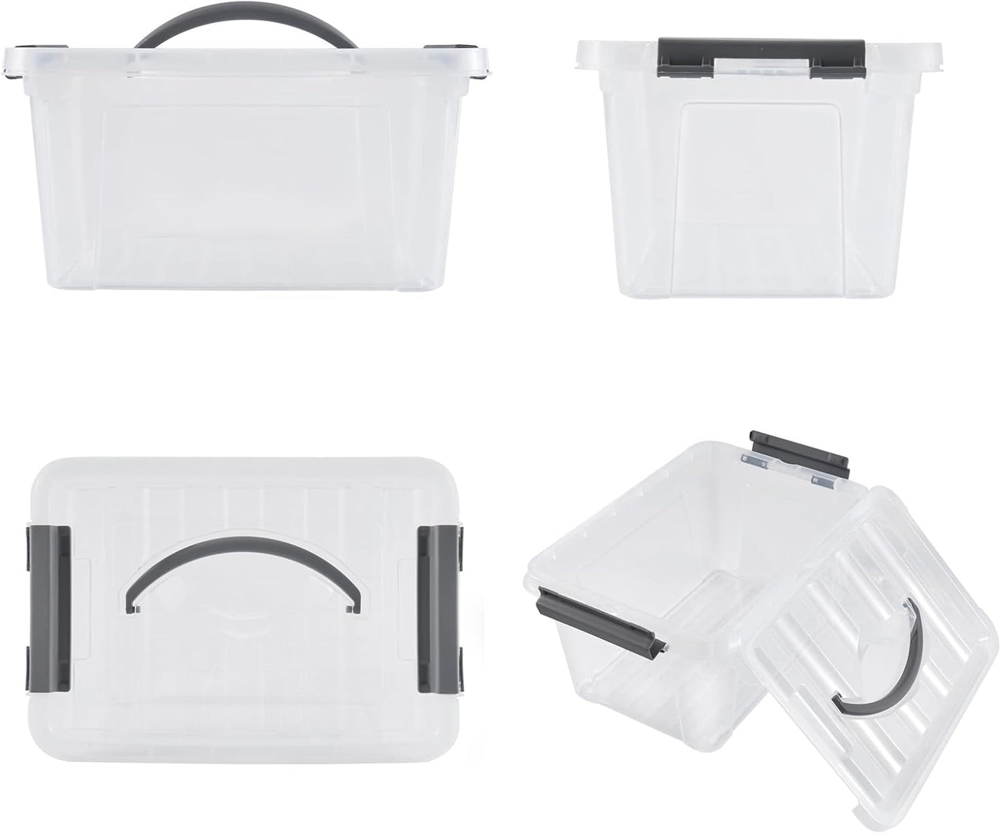 6 Quart Plastic Stackable Storage Latch Bins,Clear Latching Box with Handle and Lid,Pack of 6 (Grey Handle)