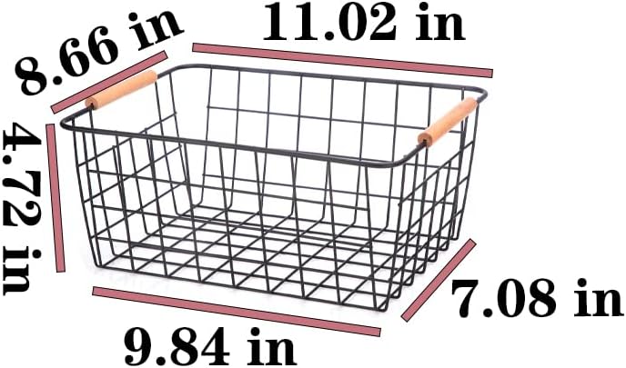 LeleCAT Wire Baskets with Wooden Handles Wire Storage Organizer Bin Baskets, Pantry, Closets, Bedrooms - Set of 2（Black）