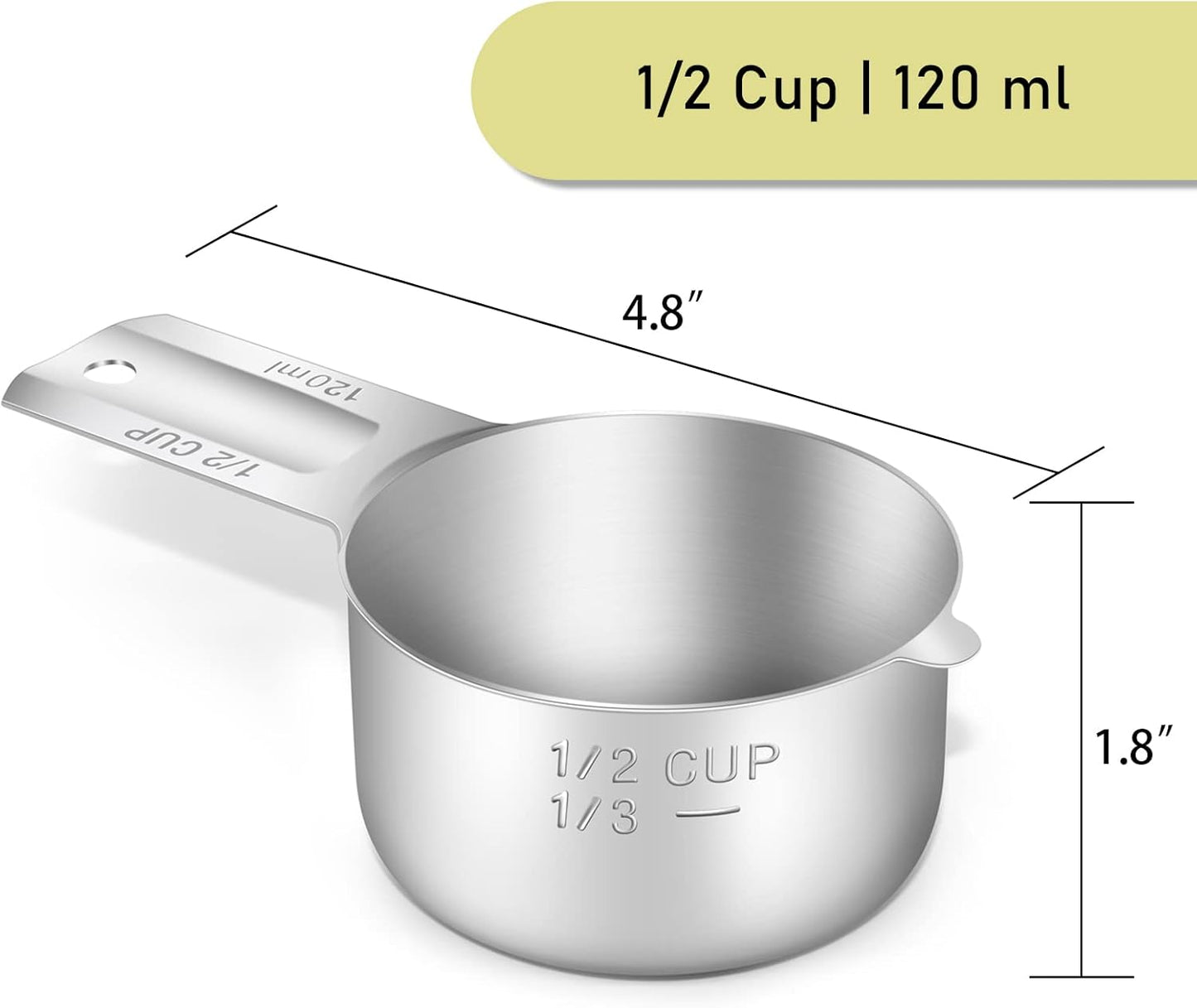 4PCS 1/2Cup (120ml, 4oz) Single Measuring Cup, Stainless Steel Measure Scoop, Metric and US Measurement, Dishwasher Safe