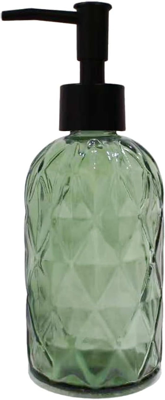 Green Glass Soap Dispenser with Black Plastic Pump, 12Oz Bathroom Clear Liquid Lotion Bottles Refillable Dish Dispensers with Diamond Design, Hand Dish Dispenser for Kitchen