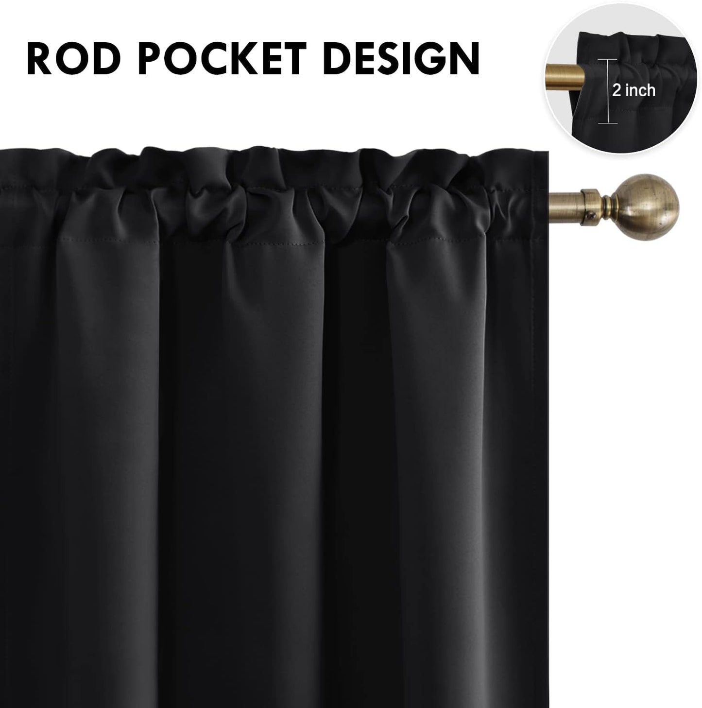 DWCN Blackout Curtains for Bedroom - Thermal Insulated Privacy Energy Saving Rod Pocket Drapes for Living Room, W 38 x L 72 Inch, Black, Set of 2