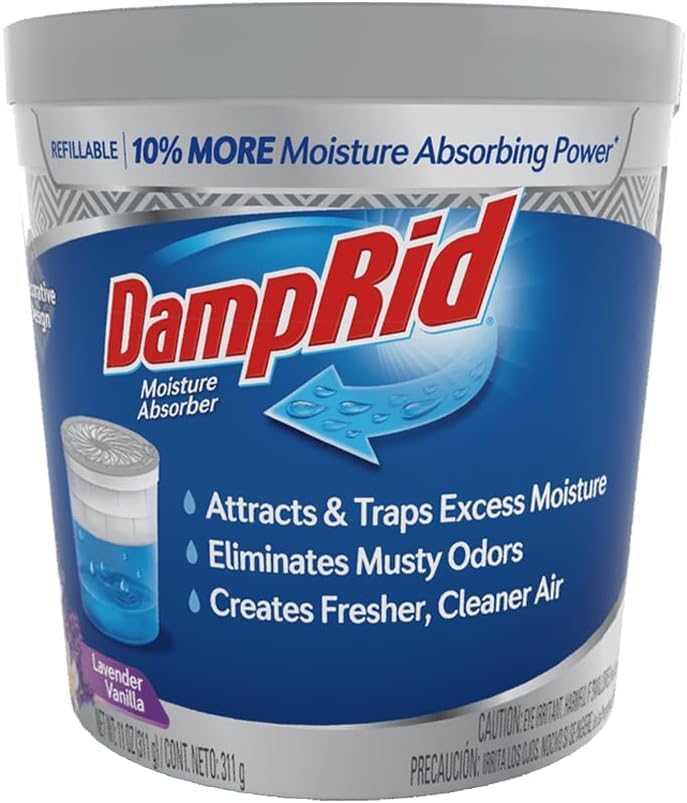 Damp Rid Refillable Moisture Absorber, Includes Single Damp Rid Lavender Vanilla 11oz. Cup & 44oz. Refill Bag - Moisture Absorbers for Closet, 10% More Absorbing Power*, Cleaner Air - ILIOS Packaging.