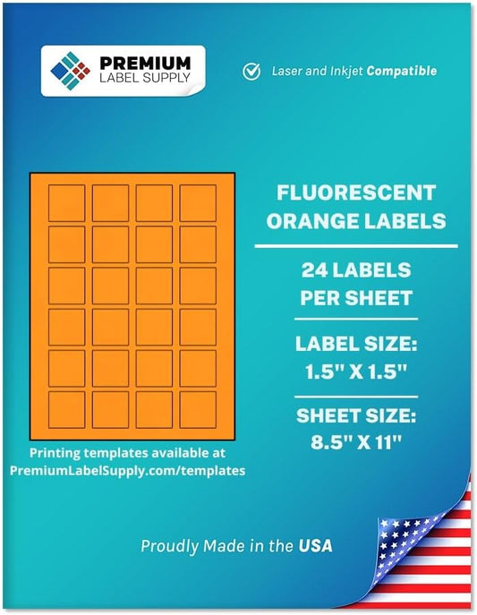 Premium Label Supply Bright Neon Color Fluorescent Sticker Labels - 1.5" x 1.5" Square Labels - (Fluorescent Orange, 2,400 Labels)