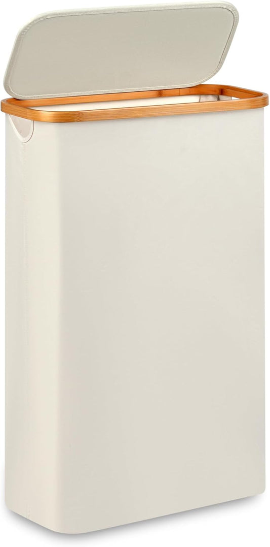 Slim Laundry Basket,Tall laundry Hamper with Lid,60L Hamper for Laundry,Dirty Cloth Hamper with Bamboo Handle for Toys,Towels, Clothes Organizing,Beige