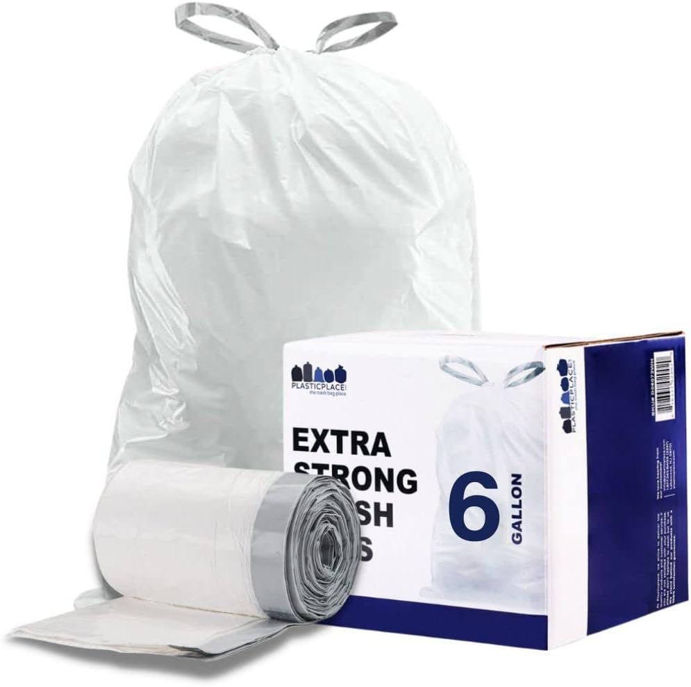 Plasticplace 6 Gallon Trash Bags, 0.7 Mil, White Drawstring Garbage Can Liners, 17" x 20" (100 Count) (Pack of 6)