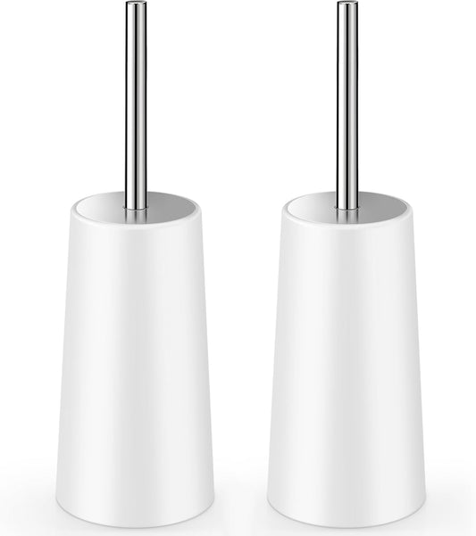 Toilet Brush and Holder, 2 Pack Toilet Brush with 304 Stainless Steel Long Handle, Toilet Bowl Brush for Bathroom Toilet-Ergonomic, Elegant,Durable (White)