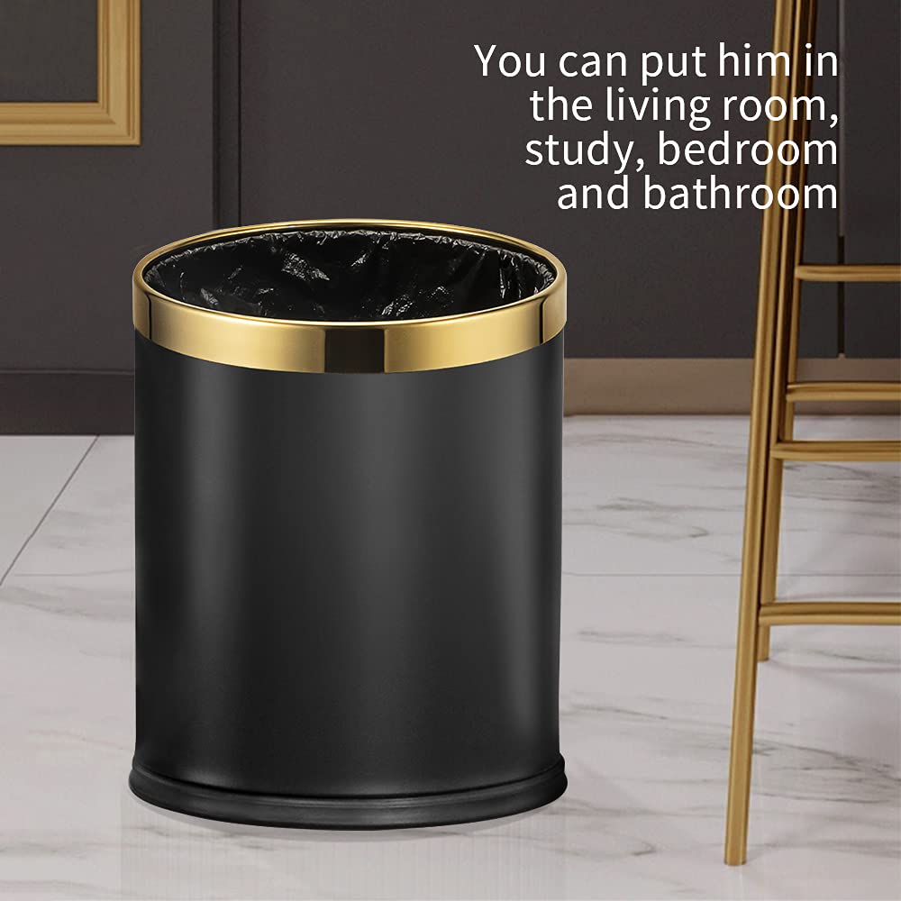 10L/2.6GAL Black and Gold Open Top Trash Can - Metal Trash Bin Without Lid for Office, Hotel, Store, Restaurant