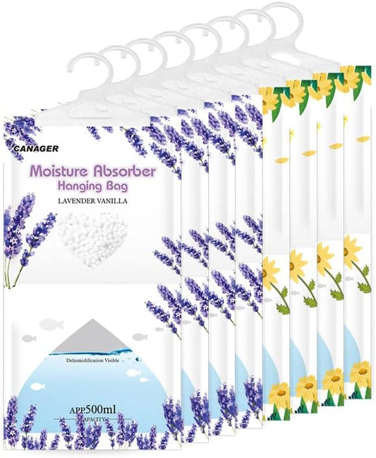 CANAGER Hanging Moisture Absorber, Fresh Scent and Lavender Vanilla Moistureproof Hanging Bag，Dehumidifier Bag (8 packs) Hanging Closet Dehumidifier Bags, Moisture Absorb 12.5 oz