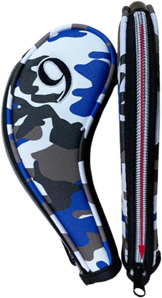 9pcs PU Leather Camouflage Blue Zipper Long Neck Design Golf Iron Headcovers Both Side Number Golf Iron Club Head Cover LH RH Covers #4-9,P,S,A
