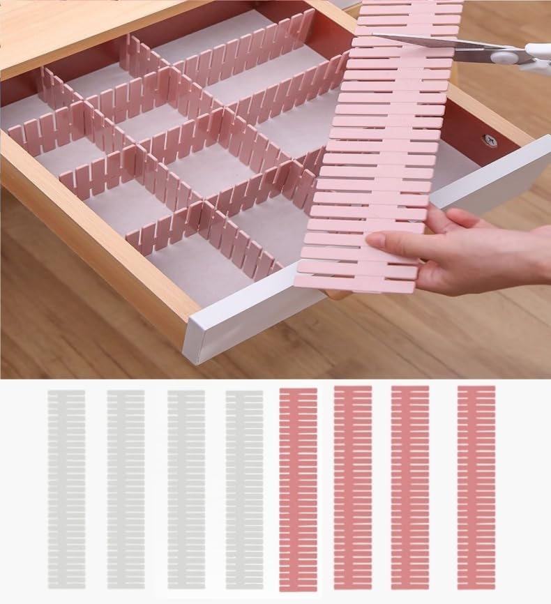 Adjustable Drawer Divider Kit – 8 Pack (White + Pink) – DIY Expandable Drawer Organizer for Dresser, Kitchen, Bathroom