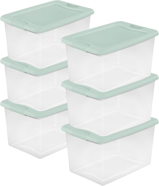 Sterilite 6 Pack Latching Box, Clear Plastic Stackable Storage Bin with Lid, 64 Quart, Mindful Mint