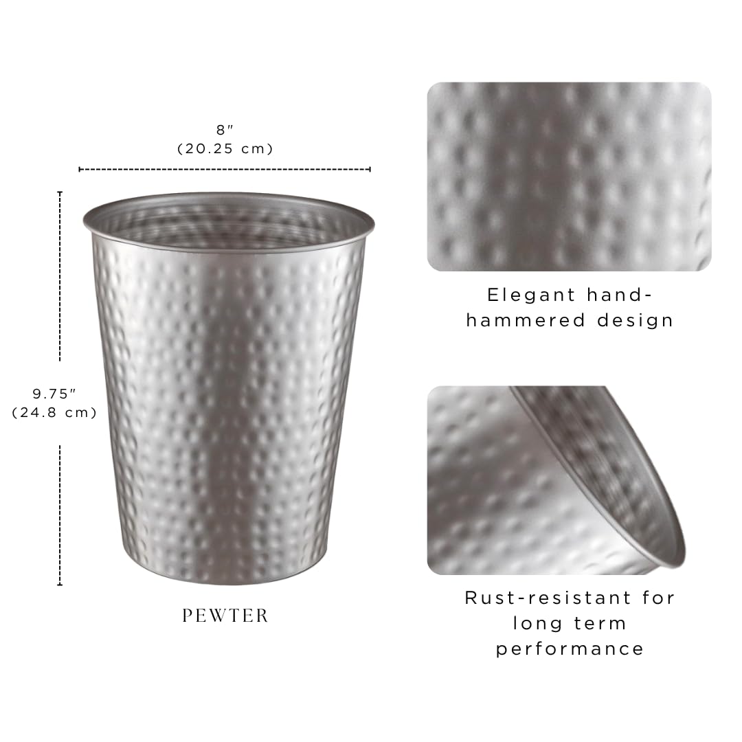Monarch Abode Pewter Hand Hammered Metal Wastebasket for Home Office Bedroom, Decorative Waste Basket, Modern Bathroom Garbage Can, Durable & Decorative Trash Bin, Pewter Bathroom Trash Can