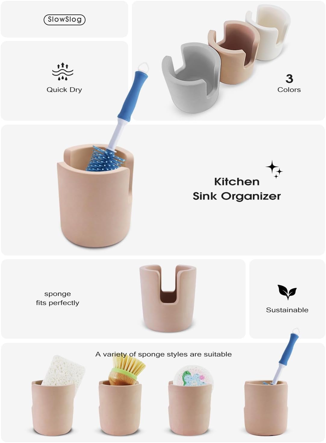 Stone Sponge Holder for Countertop Organizer, Quick Dry Diatomite Sponge Holder, Diatomaceous Earth Sponge Caddy, Absorbent Face Sponge Stand, Large Brown