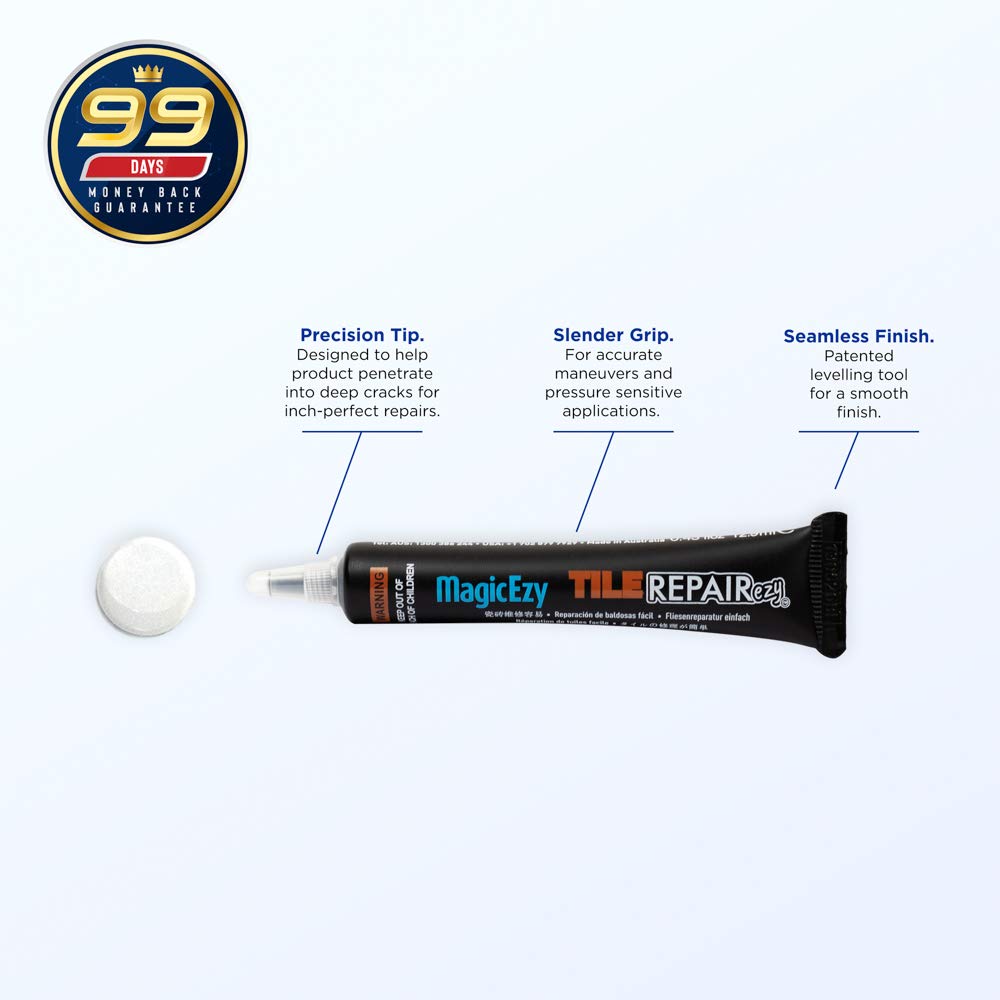 MagicEzy Tile Repairezy (Metallic White) -Fix Chipped Tiles Fast - Thick Ceramic Repair Filler Ideal for Holes, Gouges, Porcelain, Acrylic, Vinyl