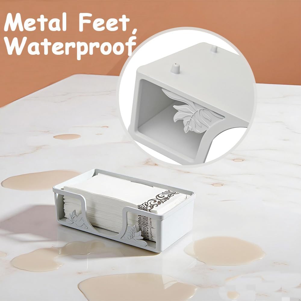 Metal Napkin Holder for Bathroom and Kitchen - White Floral Design Disposable Hand Towel Holder Tray, Guest Towel Organizer for Countertop, Paper Napkin and Towel Dispenser (White)